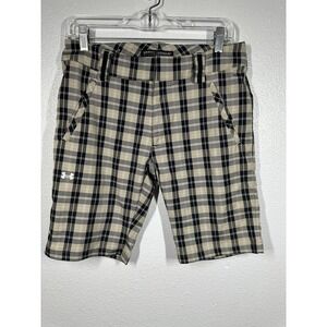 Under Armour Shorts Womens 8 Tan Black Plaid Performance Golf Bermuda Stretch